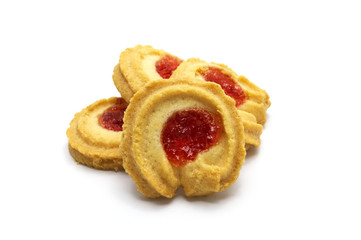 Butter cookies strawberry jam topping and sweet flavored. Biscuits cracker homemade on white background.