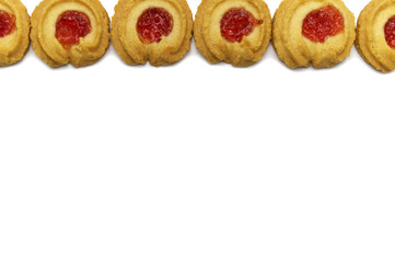Butter cookies strawberry jam topping and sweet flavored. Biscuits cracker homemade isolated on white background and copy space.