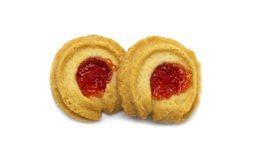 Butter cookies strawberry jam topping and sweet flavored. Both of biscuits cracker homemade isolated on white background.