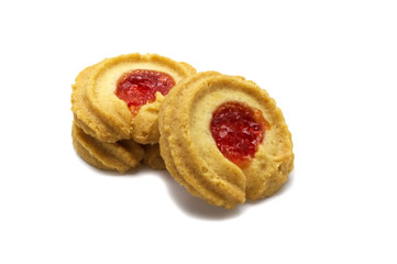 Butter cookies strawberry jam topping and sweet flavored. Biscuits cracker homemade isolated on white background.
