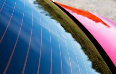 Tinted window on a red car. Image taken outdoors, glass reflecting forest.