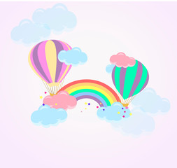 Obraz na płótnie Canvas Cute childish vector illustration - hot air balloon with clouds and rainbow on a soft gradient background. Baby postcard