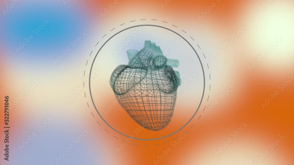 Poster the polygonal three-dimensional heart rotating in the ring over colorful defocused background.
