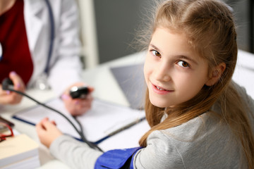 Litle child make medic procedure portrait. Physical cure arterial beat exam tool nurse control and...
