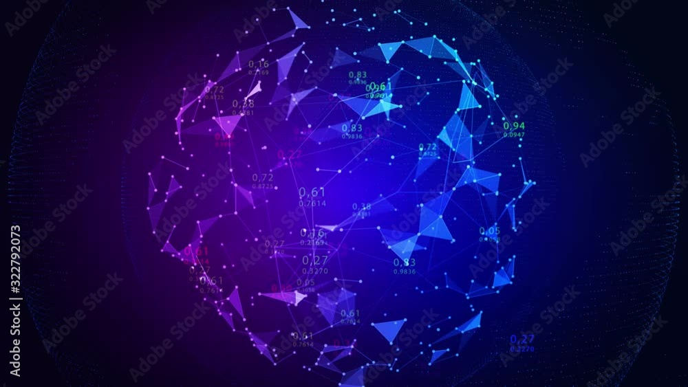 Poster digital data globe rotating on dark background. futuristic technology concept. 4k uhd video.