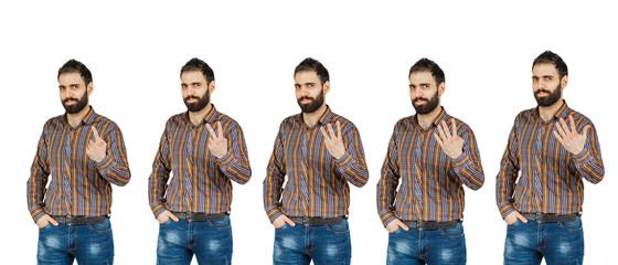 Fototapeta premium A middle-aged man in faded jeans and a shirt on a white background, showing a score on his fingers from 1 to 5