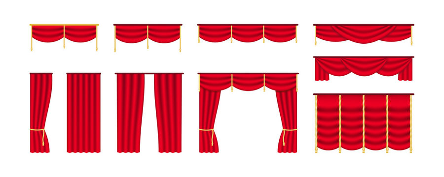 Red curtain for theatrical stage. Cinema and theater stage borders,realistic velvet fabric drapery for interior decoration design. Vector illustration isolated on white background. Set luxury curtains