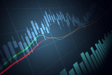 Abstract financial graph with up trend line candlestick chart in stock market on blue color background