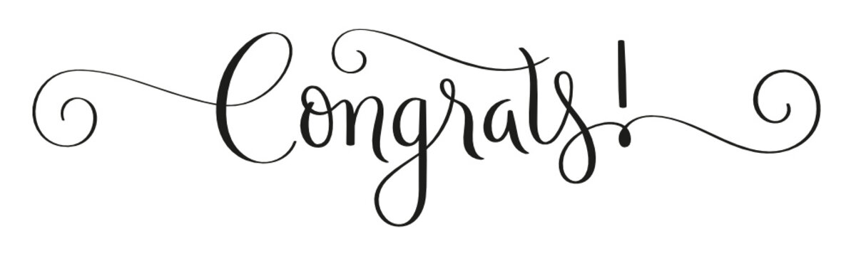 CONGRATS! black vector brush calligraphy banner with spirals