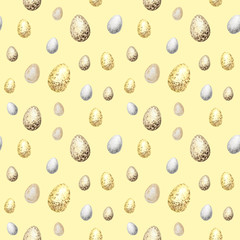 Seamless pattern with Watercolor hand drawn Easter eggs, Fabric texture Illustration. Happy Easter Design concept on a yellow background for banner, poster, card. Chickens egg