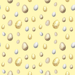 Seamless pattern with Watercolor hand drawn Easter eggs, Fabric texture Illustration. Happy Easter Design concept on a yellow background for banner, poster, card. Chickens egg