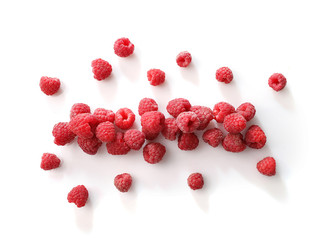 Red ripe raspberries isolated on white background. Top vew