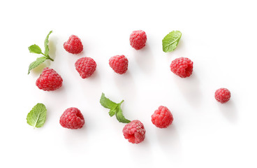 Ripe rasberries isolated on white background. Top view