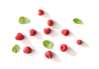 Ripe rasberries isolated on white background. Top view
