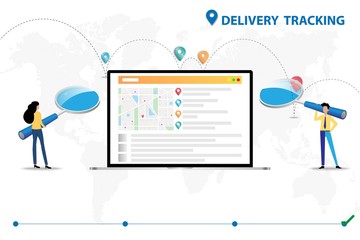 Business concept of delivery tracking, Businessman and woman hold a big magnifier and focus on the screen of laptop which contain map and GPS to monitor and track the shipment in white background.