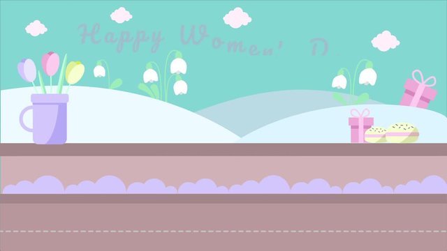 Animated cartoon video clip: Happy  Women's Day. Little pink car rides with tulips on the street. Video with snowdrops and spring flowers.Vector animation congratulations on March 8. Pastel color.