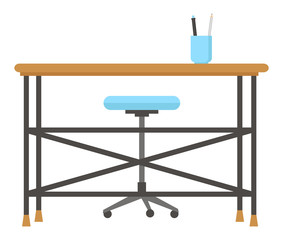 Desk and chair on wheels. Isolated on a white background. Office interior. Flat design. Vector illustration.