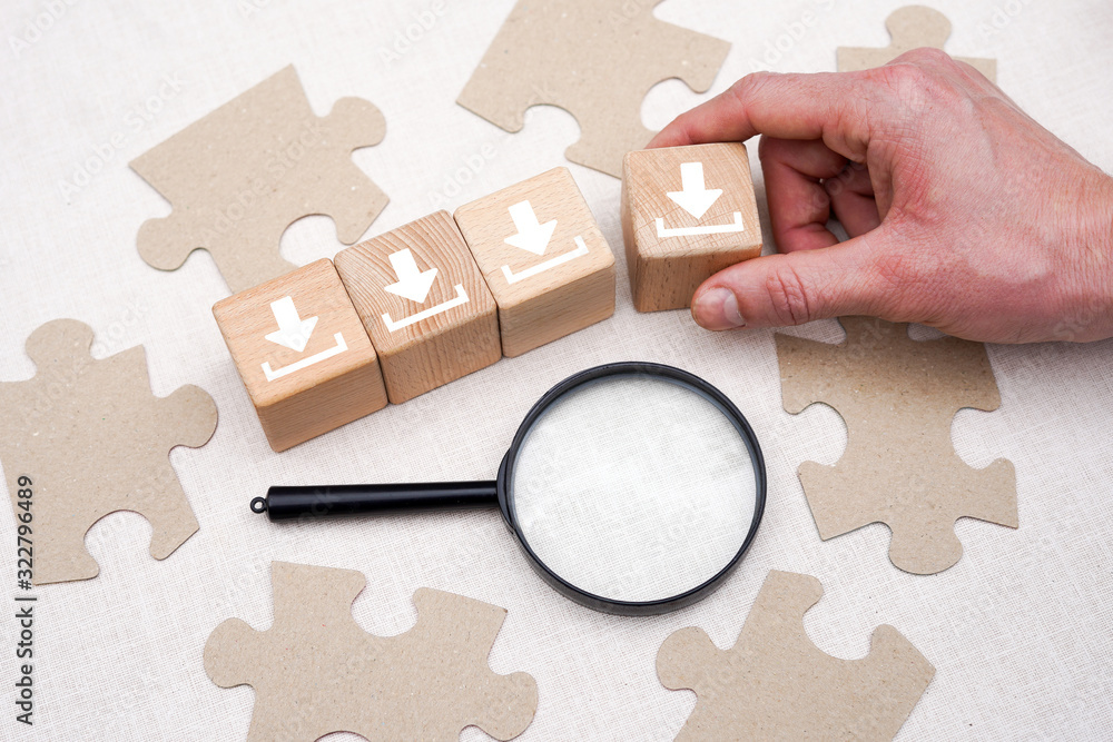 Canvas Prints closeup man hand choose wood block with download icon. download business concept sign on cube.