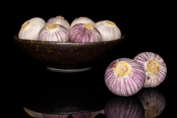 Lot of whole fresh purple single clove garlic in dark ceramic bowl isolated on black glass
