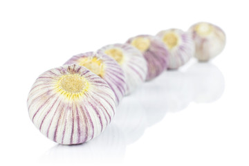 Fototapeta na wymiar Lot of whole fresh purple single clove garlic isolated on white background