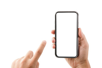 Blank form of smartphone frame on hand with white background for add template infographic or presentation and advertisement. Technology and object with clipping path.