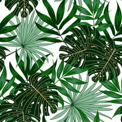 Seamless pattern with green tropical plants on a white background. Trend vector design, beautiful print. Exotic wallpaper, Hawaiian style. Jungle leaves. Vector background for various surface.