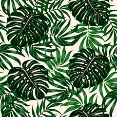 Seamless tropical pattern with green plants and leaves on a white background. Illustration in Hawaiian style. Summer background with exotic leaves. Creative abstract background.