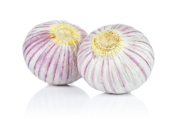 Group of two whole fresh purple single clove garlic isolated on white background