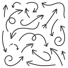 Arrow icon collection isolated on white background. Hand drawn arrow design element. Doodle black set of arrows. Vector illustration