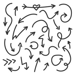 Arrow set isolated on white background. Hand drawn arrow design element. Doodle black collection of arrows. Vector illustration