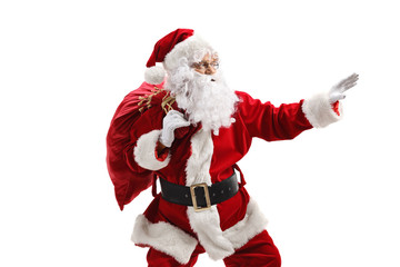 Santa Claus with a sack in a hurry gesturing with hand