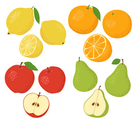 Set of fruits isolated on a white background. Orange, lemon, green pear, red apple. Cut in half. Vector illustration.