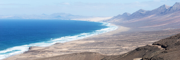 Panoramic view of the beach of Cofete. Fuerteventura, Canary Islands, Spain. Travel destination