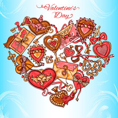 Valentine's Day  illustration of cute hand-drawn vintage festive motifs.