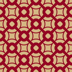 Vector geometric seamless pattern in Asian style. Red and gold traditional Chinese ornament. Luxury ornamental texture. Elegant abstract repeat background with circles, curved shapes, grid, lattice