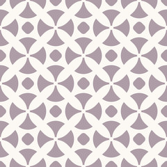 Vector seamless pattern, simple geometric texture with crosses, rounded shapes, circles, dots. Abstract background in pale purple and beige colors. Retro style repeatable design for prints, decoration