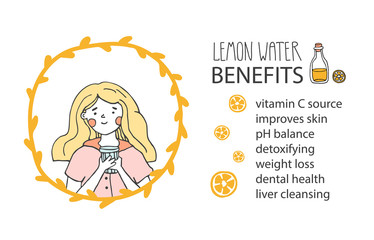 A young girl drinking water as a part of morning routine. Lemon water benefits . Woman self care concept. Vector illustration in a hand drawn doodle style