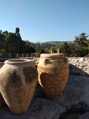 Cretan Clay  Pots, Knossos Palace, Crete Greece , the largest Bronze Age archaeological site.
