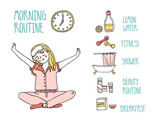 A young girl sitting in yoga pose after early wake up and planning morning routine including fitness, drinking lemon water, shower, breakfast, and beauty rituals. Hand drawn vector illustration