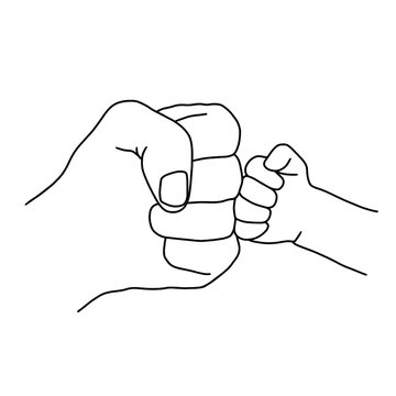 Fist Bump - Father And Son. Hand Drawn Of Two Bumping Fist . Vector Illustration. 