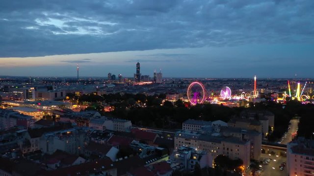 twilight time illumination vienna city famous theme park riverside downtown aerial panorama 4k austria