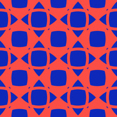 Abstract geometric seamless pattern with rounded squares and triangles. Vector minimalist background in trendy bright colors, red and navy blue. Simple modern stylish mosaic texture. Repeat design