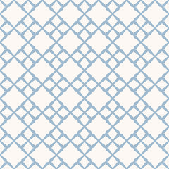 Vector geometric seamless pattern. Elegant abstract background with diamond shapes, floral figures, grid, net, lattice, repeat tiles. Ornament design in soft blue and white colors. Damask texture