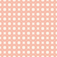 Subtle pink background. Vector geometric seamless pattern with simple figures, squares, octagons, small diagonal lines, grid. Delicate abstract texture. Repeating design for decor, textile, wallpapers