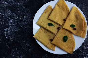 healthy low carb breakfast, paleo pancake mix, gluten free pancakes on the dark background with copy space