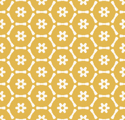 Vector geometric seamless pattern with small flower silhouettes, snowflakes, stars, hexagonal lattice, grid, mesh, net. Stylish yellow and white colored texture. Abstract repeat background design