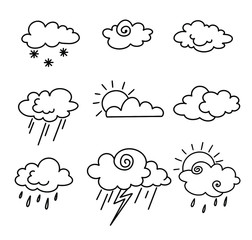 Weather icon set meteorology and climate symbol vector collection. hand drawn