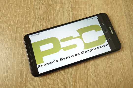 KONSKIE, POLAND - June 21, 2019: Primoris Services Corporation company logo on mobile phone