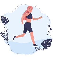Beauty girl in sportswear runner, jogging, sportive walking. Cartoon flat style vector illustration on white background.