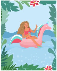 Girl with long hair sitting, swim in rubber ring pink unicorn in the water, the sea. Green flower, leaf, fern, plants from the jungle in the frame. Flat cartoon vector illustration.  C